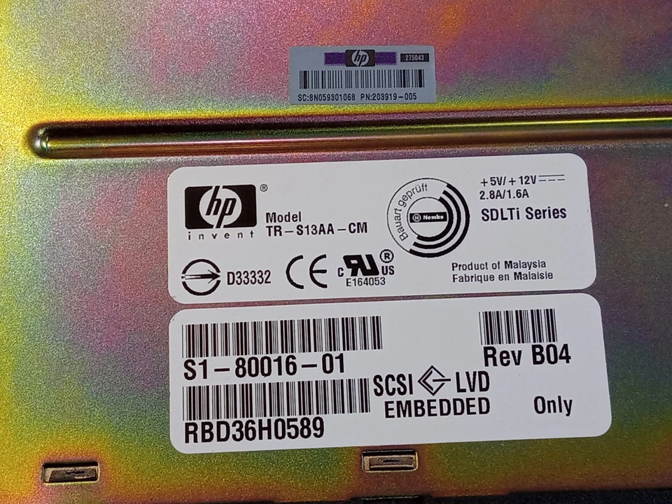 UNIDAD DE CINTA HP 110/220GB SDLT SCSI LVD/SE 203919-006 TR-S13AA-CM Foto 2 de 4