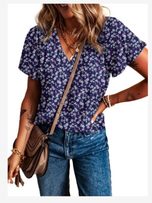 EVALESS Womens  Summer Tops Sexy V-Neck Floral Print  Flutter Short Sleeve Sz M