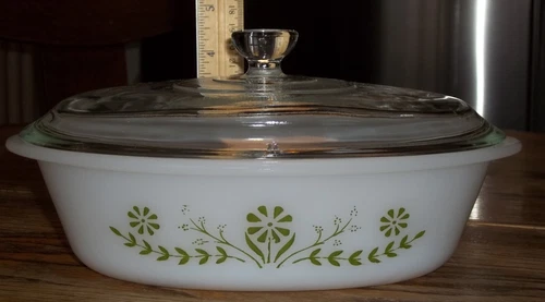 Glasbake Jeanette Glass 1 Qt Oval Casserole Primrose Dream Green J235 & Lid EX