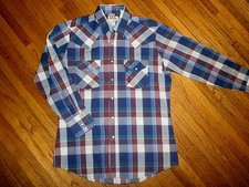 vtg 80s ELY CATTLEMAN WESTERN SHIRT Purple Blue Plaid Pearl Snap 15.5-33 LARGE