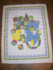 Vintage Teddy and Baby White Crib Blanket Quilted Teddy Bear Duck 34 X 44
