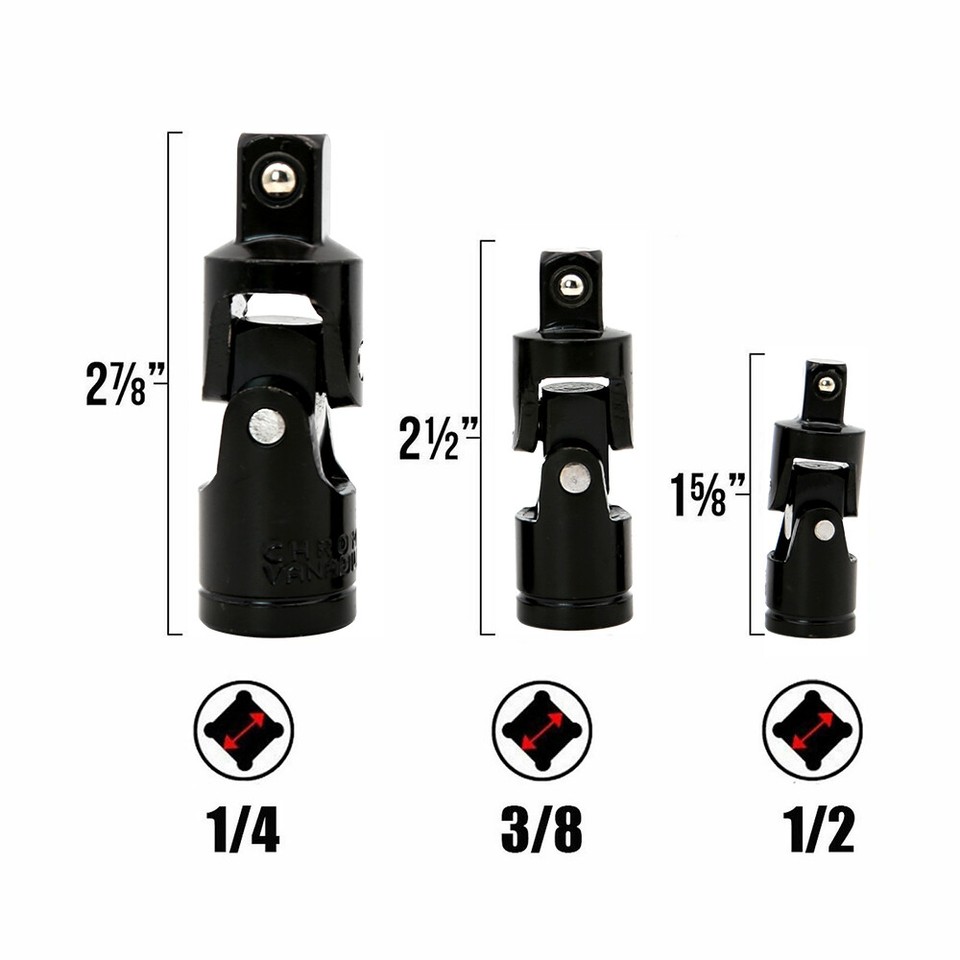 3-Piece Impact Universal Joint Socket Set - 1/4", 3/8", 1/2" Drive Swivel Sockets For Tight Spaces