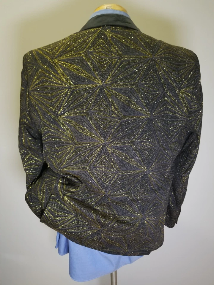 Blazer Chaqueta Abrigo Dorado/Negro Geométrico Satén Fiesta Noche Brillante Cena XL 44R Foto 3 de 4