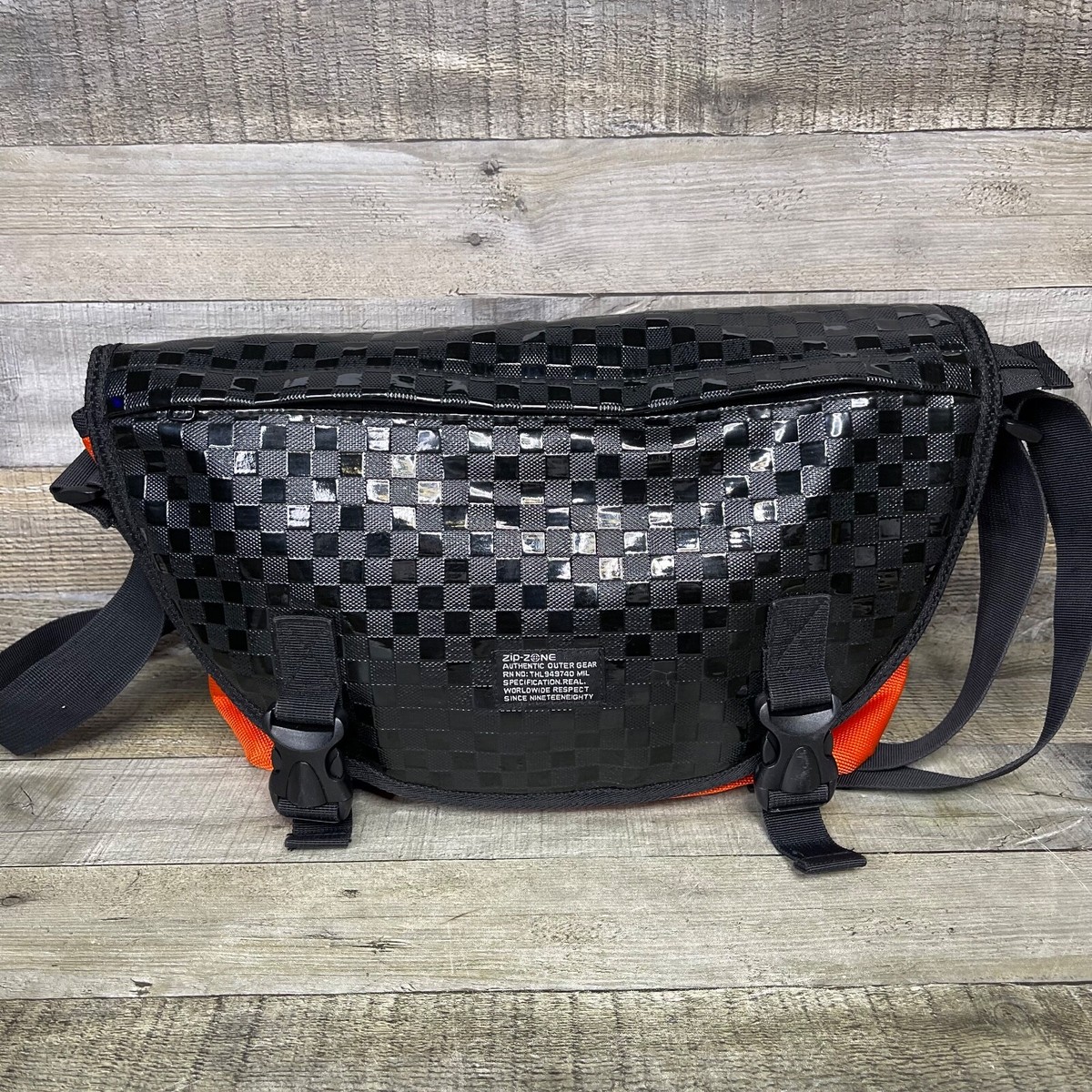 Zip Zone Messenger Black & Orange Bag Checkered Print | eBay