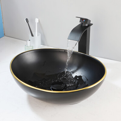 Oval Black Bathroom Vessel Sink + Faucet And Drain Ceramic Basin Bowl Gold Edge