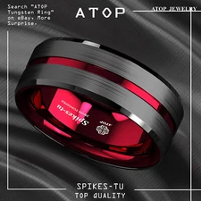 8/6mm Black Tungsten Carbide Thin Red Line Wedding Band Ring ATOP Men's Jewelry