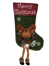 Handmade Christmas Stocking Farmhouse Reindeer Plaid & Fur Felt & Canvas 17"