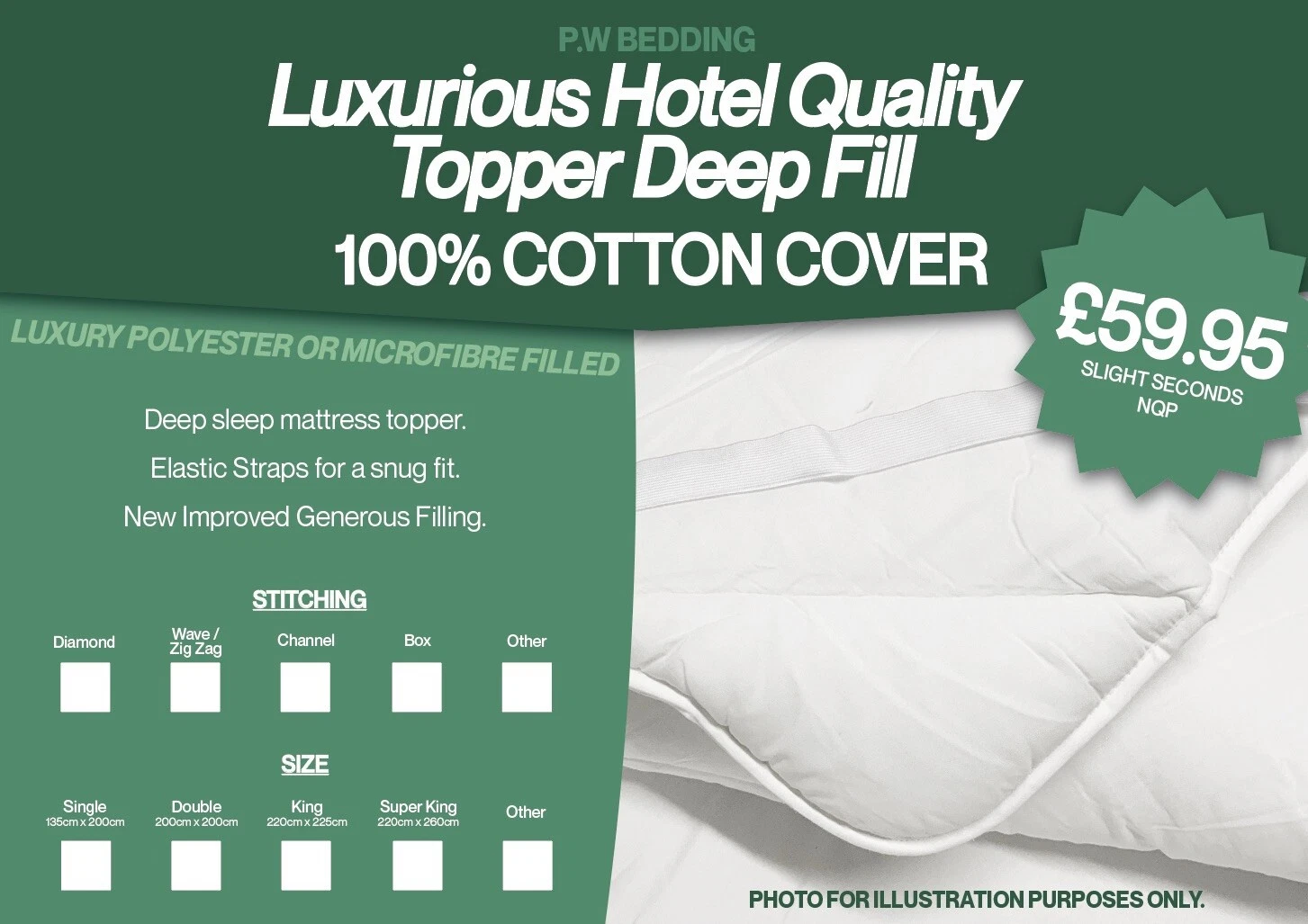 SUPER KING MATTRESS TOPPER 100 % COTTON COVER HIGH QUALITY LUXURY TOPPER B081
