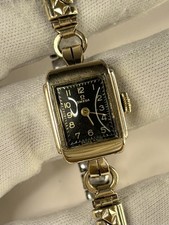 OMEGA Ladies Vintage 1940’s Manual Art Deco Black Dial Gold Cocktail Watch