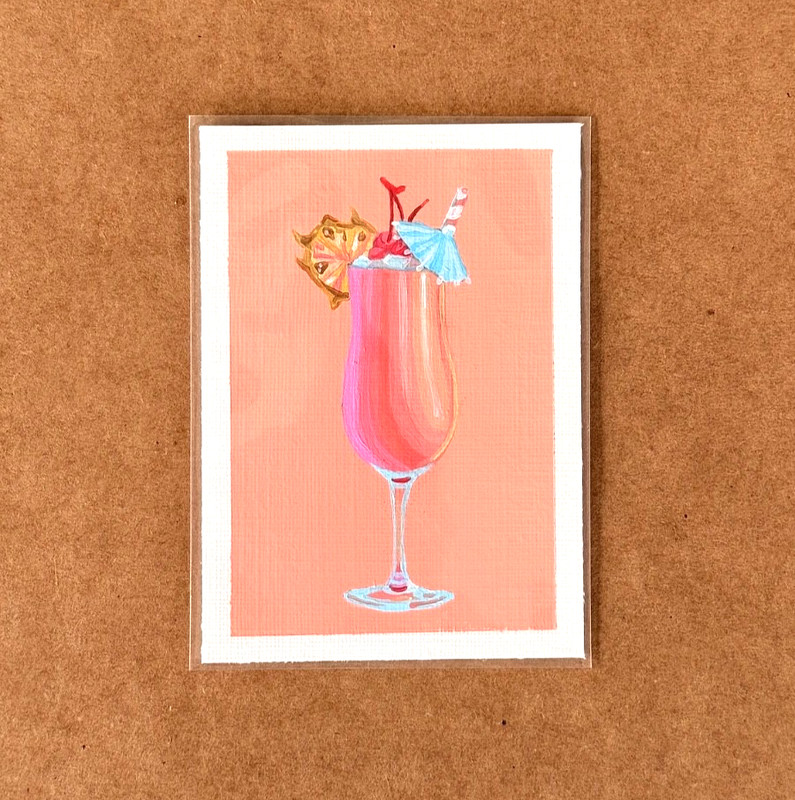 ACEO original,2.5x3.5 in, Pina Colada, Cocktail, Bar, Drink, Food, Pinapple