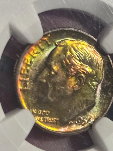 1954 D Roosevelt Dime 10c NGC MS66 Rainbow Toned