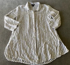 Saks Fifth Avenue Womens M White & Navy Stripe 100% Linen Shirt Rolled-Tab Coast