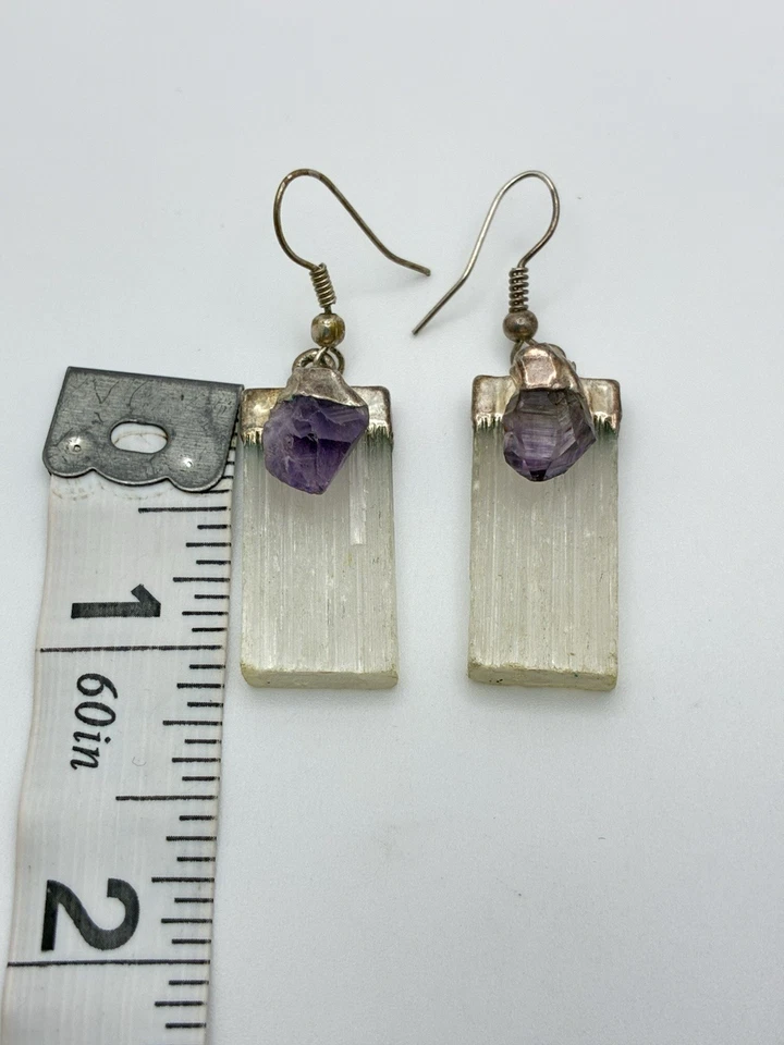 Selenita?Amatista? Pendientes colgantes de plata hechos a mano gancho de alambre de cristal Foto 3 de 4