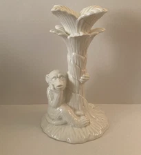 Fitz and Floyd Monkey Palm Tree Candlestick Candle Holder 7.5" White Japan READ