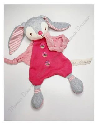 Doudou Plat Milla Lapin Gris Rose Rayé Pois Boutons Rond Attache Tétine Bukowski - Photo 1/4