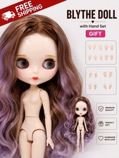 Blythe ICY nude Doll 12   brown purple mix wavy Hair  tan skin matte face nude
