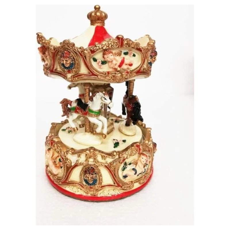 Carillon Carosello con Cavalli Rosso Oro 16,5 cm Musicale Soprammobile Vintage, fotografia 3 di 9