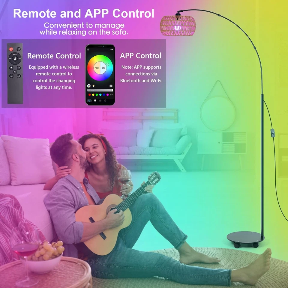 Lámpara de Pie Arco RGB con 3 Temperaturas de Color, Lámpara de Pie Boho de Ratán Regulable Foto 4 de 4