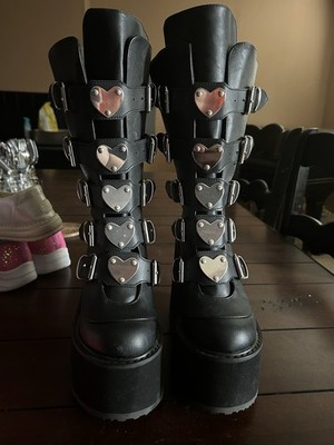 Demonia Black Platform Boots Heart Buckle Accents Zip Mid-Calf Gothic Punk