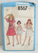Simplicity 8367 Skirt, Pre-Shirred Dress, Tops Shorts Pattern Girls' 12 Uncut