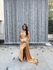 Gold Embroidered Beaded Formal Long Gown with Slit Sweetheart Neckline