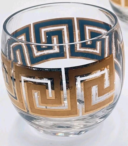 Set of 11 Culver Greek Key Roly Poly Low Ball Glasses 22 K Gold, MCM Rare - Picture 4 of 13