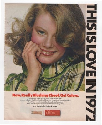 vintage 1972 large size mag print ad LOVE'S CHEEK GEL make up pretty girl blush