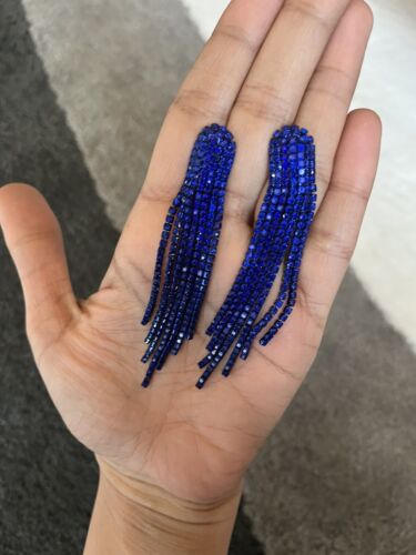 3.2” Long Royal Blue Fringe Drop Dangle Rhinestone Crystal Pageant Earrings - Picture 1 of 9