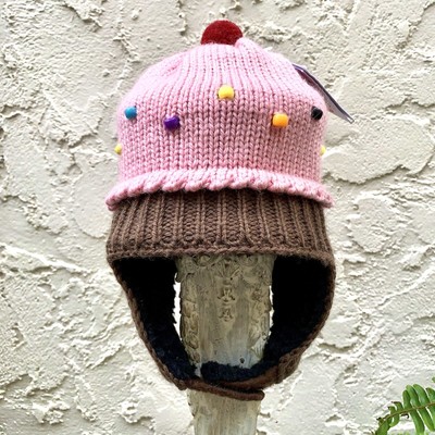 Knitwit Infant Knitted Hat 100% Wool Yarn - Ice Cream Strawberry Cupcake PomPom 