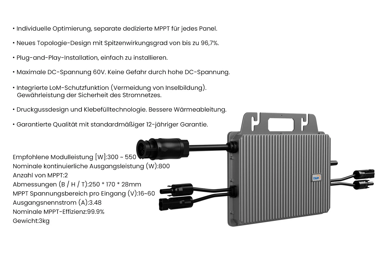 TSUN Mikro-Wechselrichter TSOL-MS800 2 MPPTs f&uuml;r Balkonkraftwerk PV Solaranlage - Bild 9 von 11