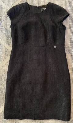 CHANEL Made in France Check Print Cap Sleeve Tweed Sheath Dress in Black Size 38