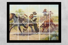 ready to hang ceramic tile mural backsplash. western cowboys. funny cow animal