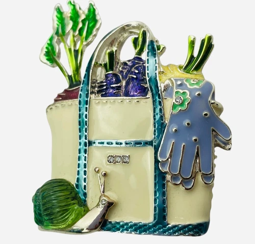 Napier Gardening Tote Pin Brooch Snail Gloves Vegetables Silver Tone NEW w Box