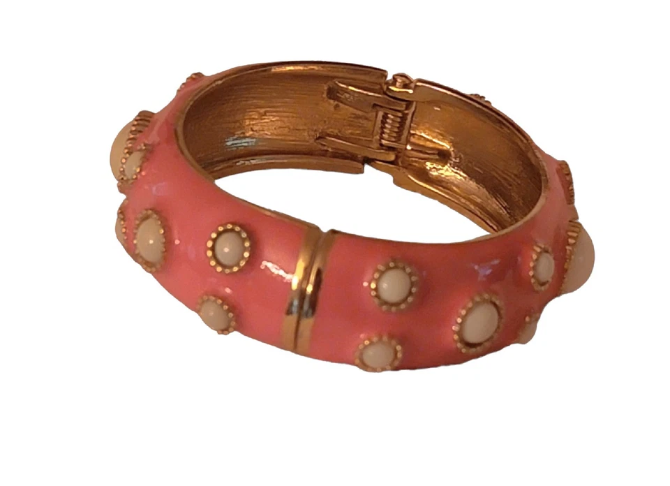 Brazalete Brazalete FORNASH Esmalte Salmón Bisagras Blanco Cabachón Piedras Redondas Foto 3 de 4