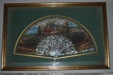 Spectacular Antique French Hand Fan - Carved M.o.Pearl, Gold, Framed - Very RARE