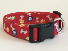 PAW PRINTS & DOG BONES ADJUSTABLE  DOG COLLAR hand crafted (YOU CHOOSE SIZE)
