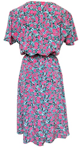 Vintage Kleid Blumenmuster rosa grün schwarz voller Rock Passform modern 12 14 - Bild 6 von 12
