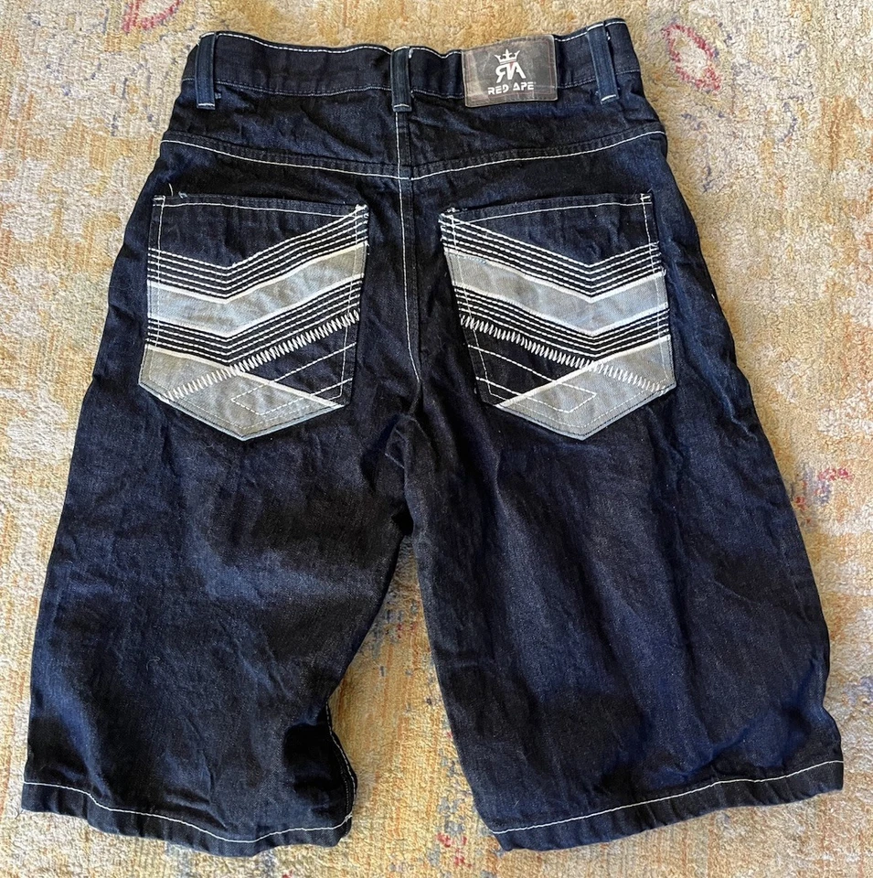 Винтажный Y2K красный обезьяны джинсовой ткани Jean шорты мешковатые вышитые карманы размер 32 - Изображение 3 из 4