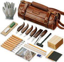 33Pcs Wood Carving Kit Knives Chisels Basswood Blocks Leather Bag Beginner Gift