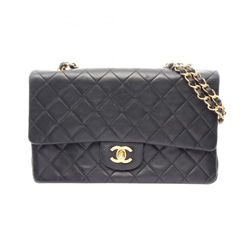 CHANEL Matelasse W flap chain Shoulder Bag Lambskin Black Used Women GHW