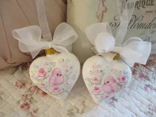 Shabby Chic Style Hand Painted Set of Two - Glass Heart Ornaments