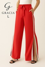 Gracia Women's Wide Leg Tomato Red Pants Glitter Side Stripes Slits Size L