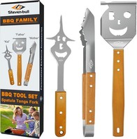 Grillbesteck-Set 3-Tlg. Edelstahl Holzgriff Grillzange Wender Fleischgabel