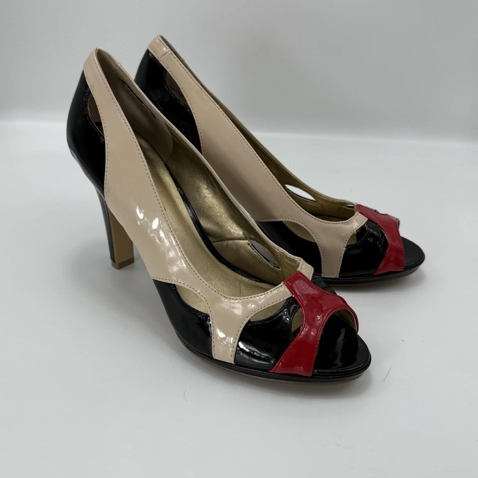 Bandolino Sz 7.5 Open Toe High Heels Tan Red Leather Patchwork PeepToe Shoes Y2K - Image 3 of 4