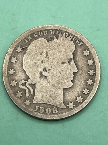 1908-O Barber Quarter 25C Silver U.S. Coin - F Details