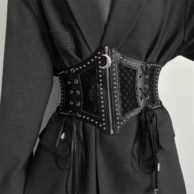Women Gothic Punk Waistband Corset Belt Obi Lace Up Elastic Waist Hollow Out Zip