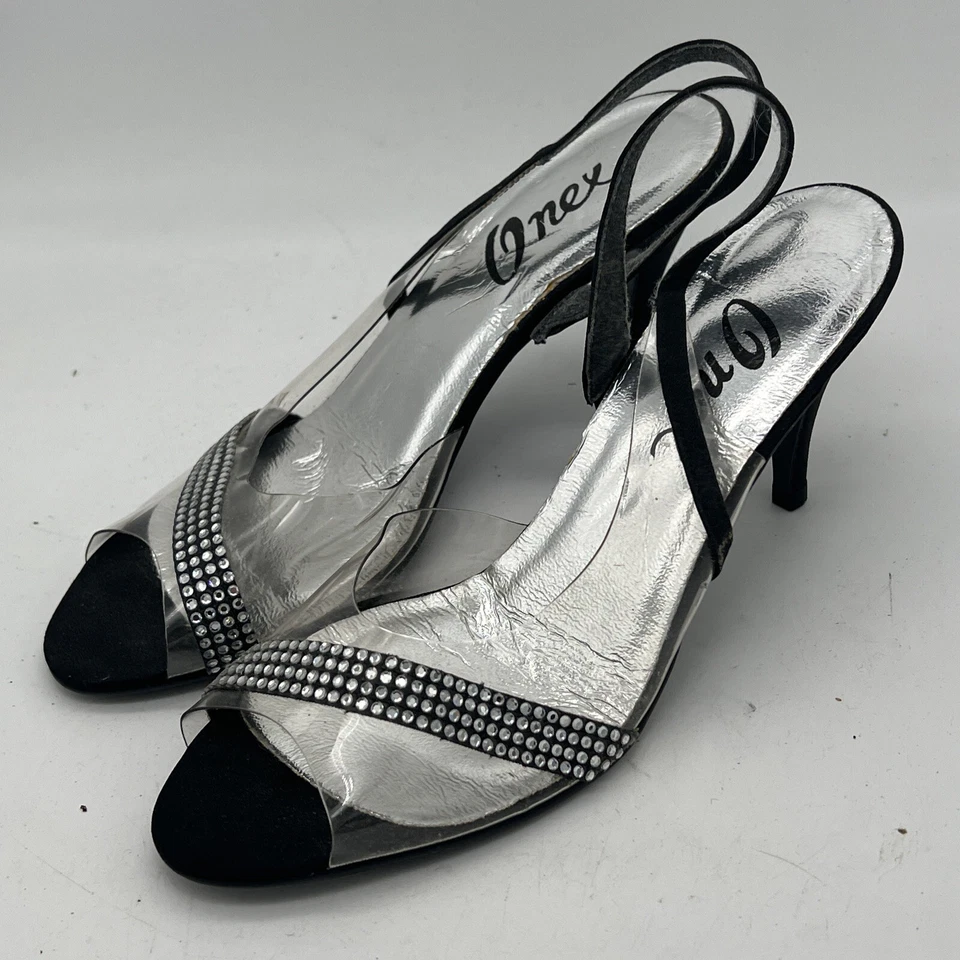 Salto alto vintage Onex strass transparente biqueira aberta tamanho 7.5 - Imagem 2 de 4