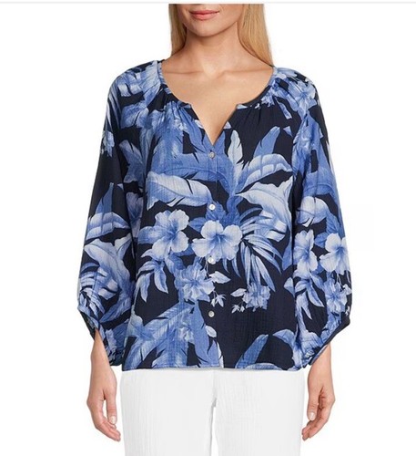 Tommy BAHAMA Women’s S Daybreak Hibiscus Print 3/4 Sleeves V-neck Blouse NWT - Picture 4 of 9