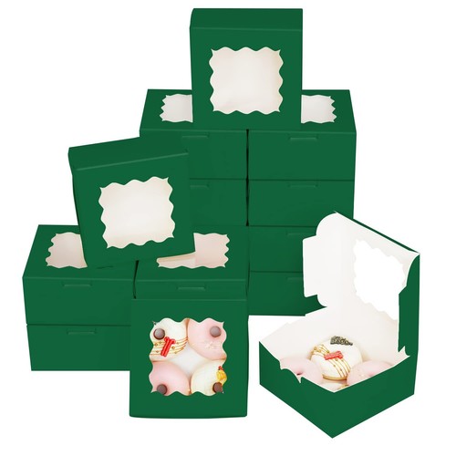 60PCS 6x6x3 Green Cookie Boxes with Window Sturdy Pastry Bakery Packaging