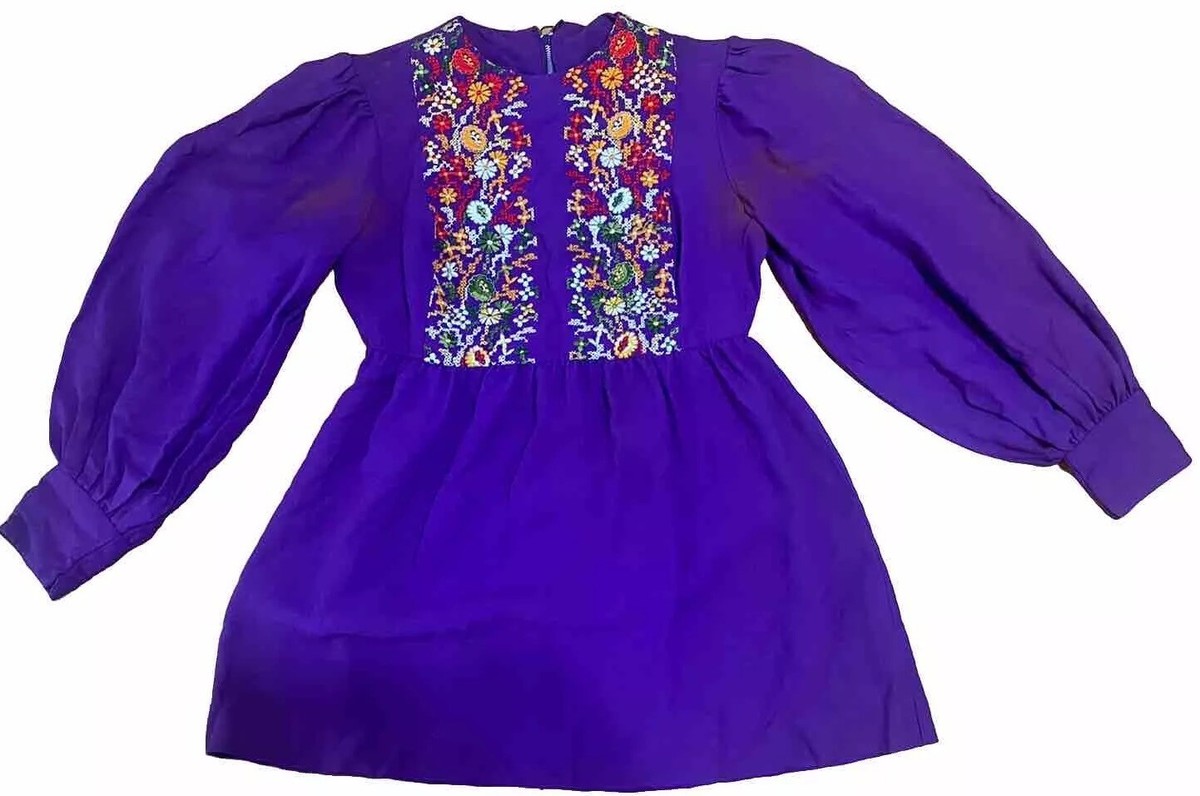 Vintage 60s 70s Purple Peasant Blouse Peplum Floral Embroidery Cross stitch  XS/S
